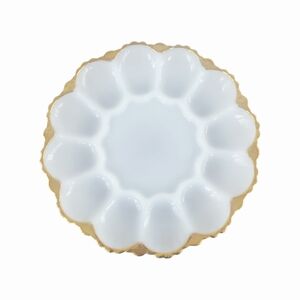 Vintage Anchor Hocking Fire King Milk Glass Gold Rimmed Deviled Egg Platter Tray